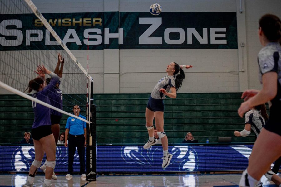 Volleyball player prepares to spike ball over the net