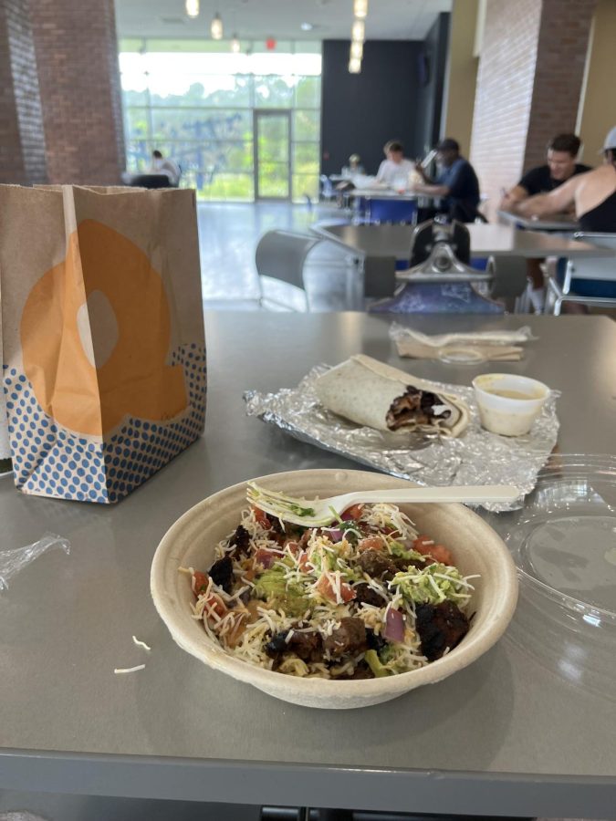 Qdoba bowl on a table