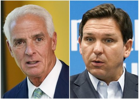 This combination of photos shows Florida Democratic gubernatorial candidate Charlie Crist on Sept. 12, 2022, in Miami, left, and Florida Gov. Ron DeSantis