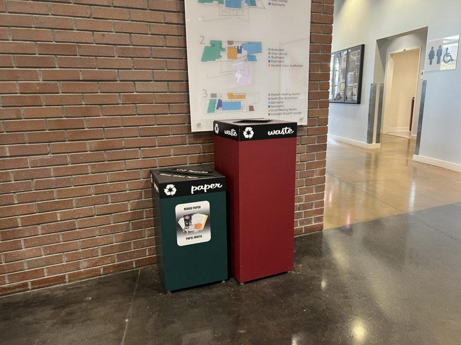 Green paper bin and Red waste bin