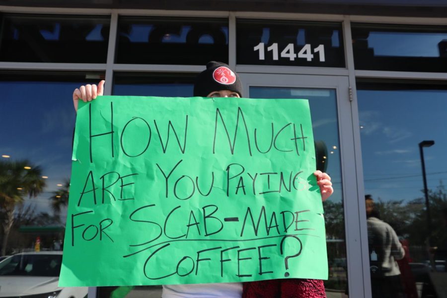 A Starbucks employee at the San Jose location in Jacksonville protested on Thursday.