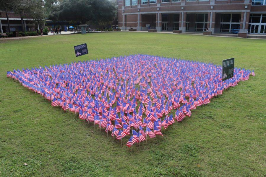 American flags on the Green honoring veterans for Veterans Day.