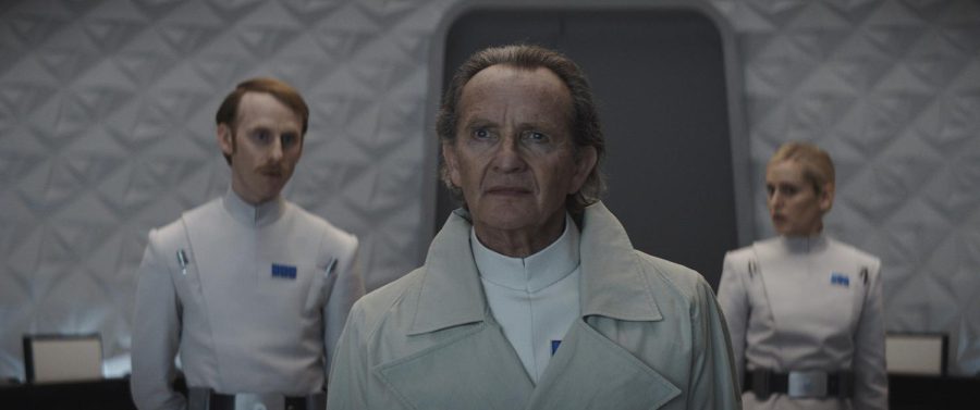 ISB Supervisor Lonni Jung (left, Robert Emms), Major Partagaz (center, Anton Lesser) and ISB Supervisor Dedra Meero (right, Denise Gough) in Andor. (Courtesy of Lucasfilm)