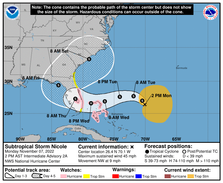 Forecast Cone for Subtropical Storm Nicole as of 11 a.m. Monday (National Hurricane Center)