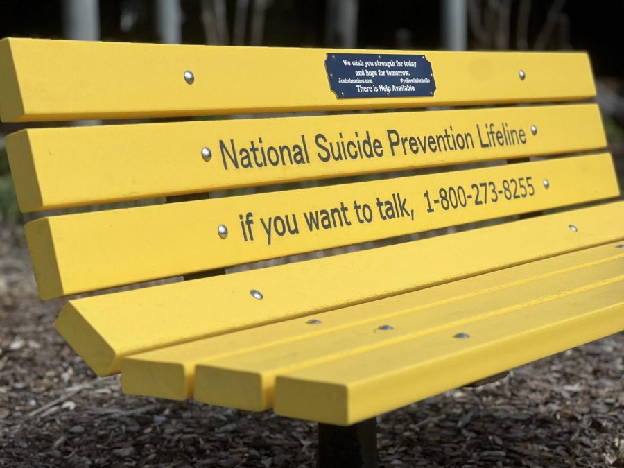 A yellow bench with suicide prevention information 