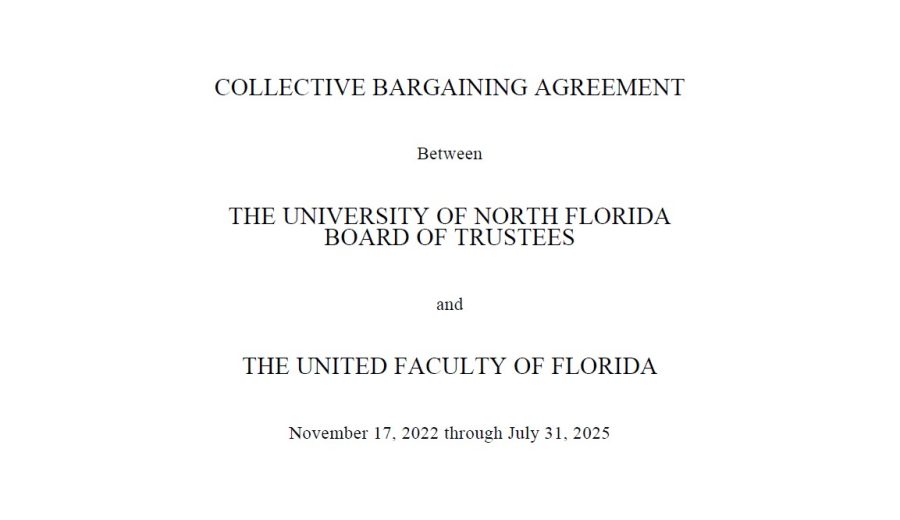 A screenshot of the opening page to the 2022-2025 faculty contract between the faculty union and the University of North Florida Board of Trustees. Copy of the contract courtesy of UFF-UNF.