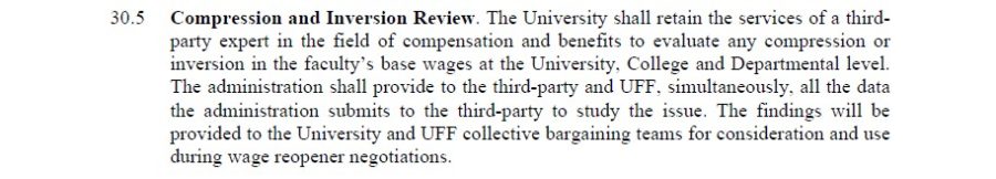 A screenshot of a section of University of North Florida faculty’s new contract as it pertains to compression and inversion. Copy of the contract courtesy of UFF-UNF.