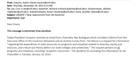 A screenshot of Karen Cousins’ email to UNF Deans on Dec. 29.