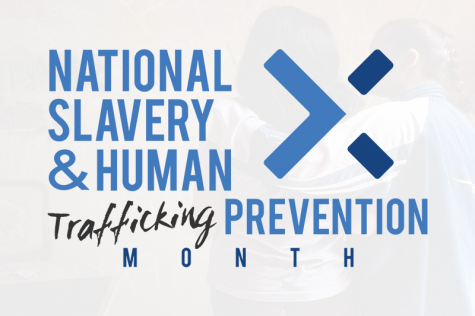 Graphic reads National Slavery & Human Trafficking Prevention Month in big blue letters against a white background