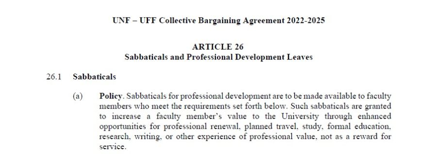 A screenshot of Article 26 which discusses sabbaticals and professional development leaves available to University of North Florida faculty in their new contract. Copy of the contract courtesy of UFF-UNF.