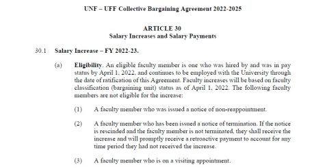 A screenshot of Article 30 which discusses salary increases and payments in University of North Florida faculty’s new contract. Copy of the contract courtesy of UFF-UNF.