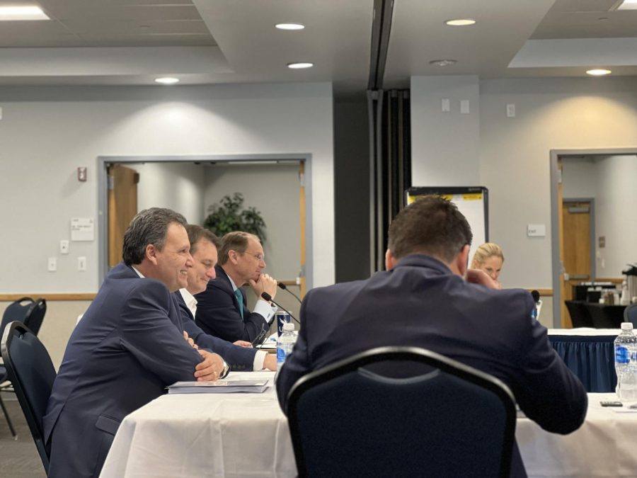 University of North Florida President Moez Limayem (far left) during the Board of Trustees meeting on Monday.