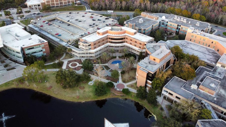 Student Health Services and the Brooks College of Health at the University of North Florida as seen from above.