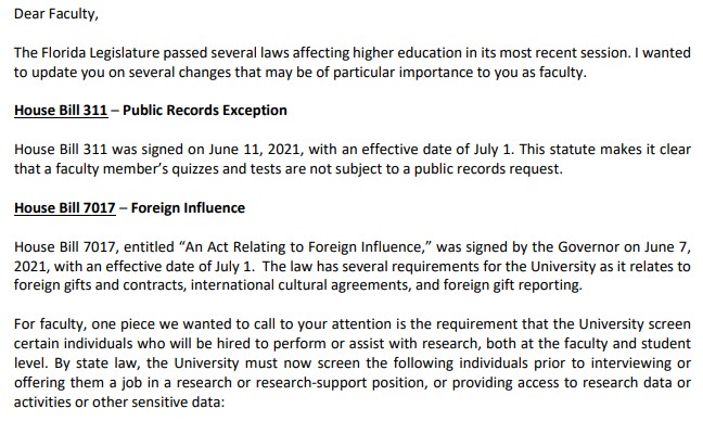 A screenshot of the letter sent to faculty in 2021 outlining the new policy.