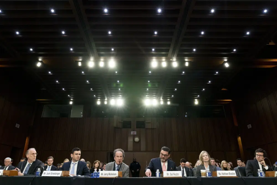 From left, Live Nation Entertainment, Inc. President and Chief Financial Officer Joe Berchtold, SeatGeek, Inc. Chief Executive Officer Jack Groetzinger, Jam Productions LLC Chief Executive Officer and President Jerry Mickelson, The James Madison Institute Senior Vice President Sal Nuzzo, American Antitrust Institute Vice President For Legal Advocacy Kathleen Bradish, and singer-songwriter Clyde Lawrence appear before a Senate Judiciary Committee hearing to examine promoting competition and protecting consumers in live entertainment on Capitol Hill in Washington, Tuesday, Jan. 24, 2023. (AP Photo/Andrew Harnik)