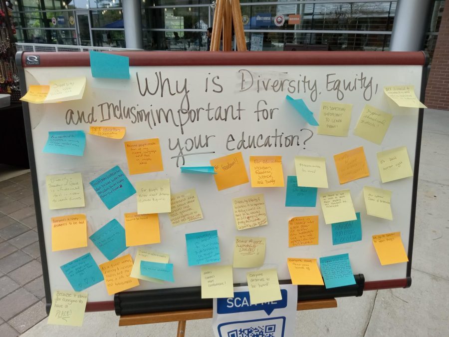 UFF-UNF, the University of North Floridas faculty union, ran an open-response forum during Wednesdays Market Day. They set up a white board and people could leave sticky notes answering the question why is diversity, equity and inclusion important for your education?. (Photo courtesy of UFF-UNF alternate senator Dr. Ashley Faulkner)