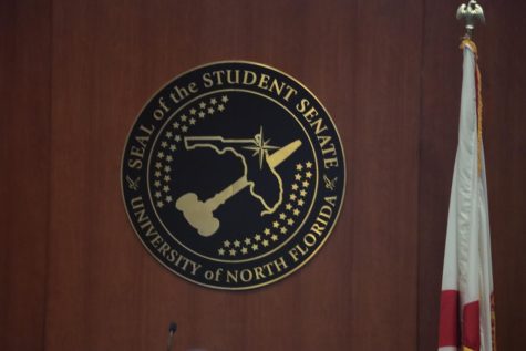 The Student Government Senates seal on the wall of the Senate Chambers on the third floor of the University of North Floridas Student Union.