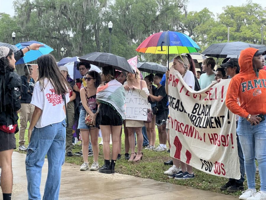 Beneath umbrellas and raincoats, protesters continue chanting in the rain. 