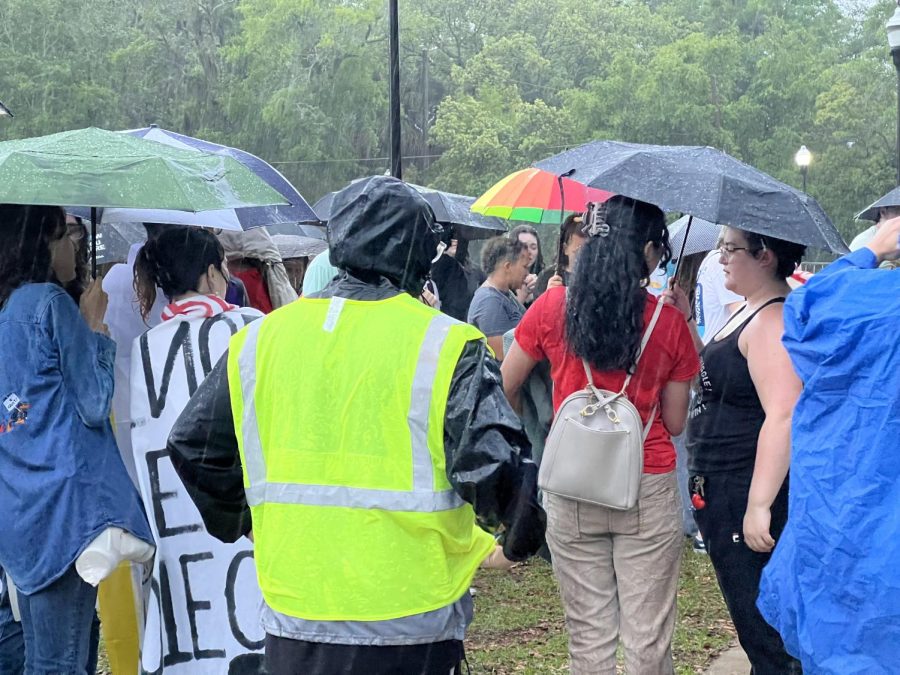 Beneath umbrellas and raincoats, protesters continue chanting in the rain. 