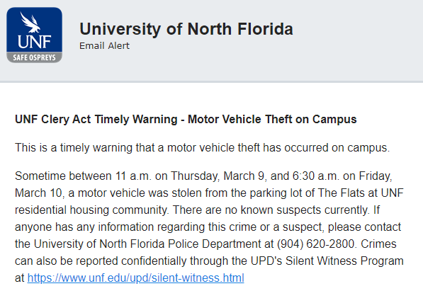 A screenshot of a portion of the Clery Act Timely Warning that was sent to students on March 10. 