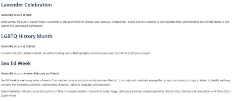 The current version of the “Signature Events” tab on the University of North Florida’s LGBTQ Center website as it appears on March 24, 2023.