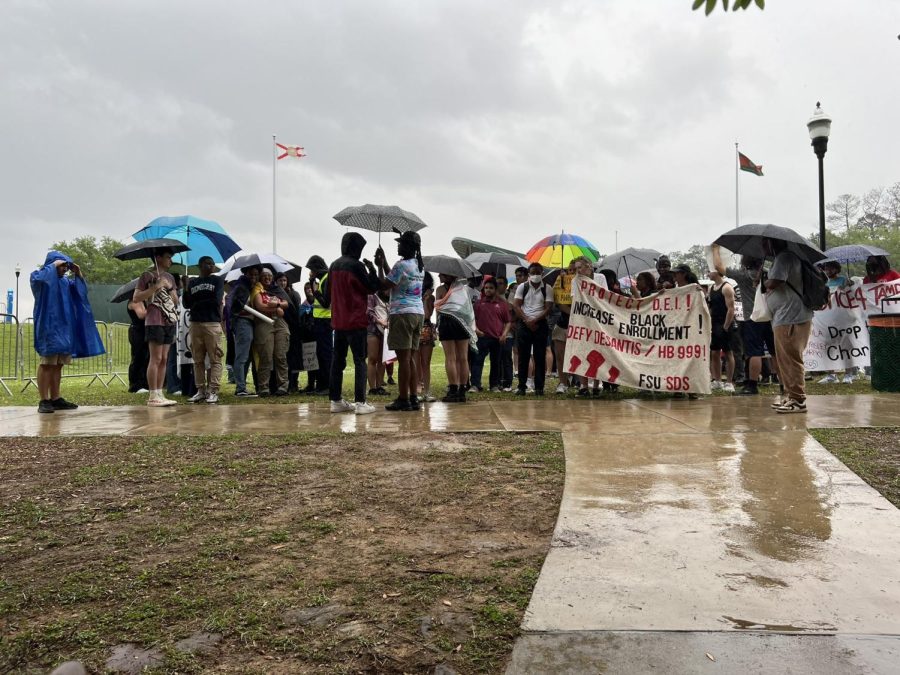 Beneath umbrellas and raincoats, protesters continue chanting in the rain. 