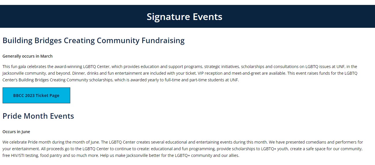 The current version of the “Signature Events” tab on the University of North Florida’s LGBTQ Center website as it appears on March 24, 2023.