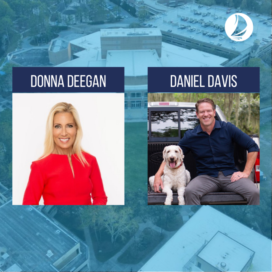 The University of North Florida will host a mayoral debate between Democrat Donna Deegan and Republican Daniel Davis at the Lazzara Performance Hall on Thursday. (Photo courtesy of Donna Deegan campaign, courtesy of Daniel Davis campaign. Background photo courtesy of Justin Nedrow/Spinnaker).