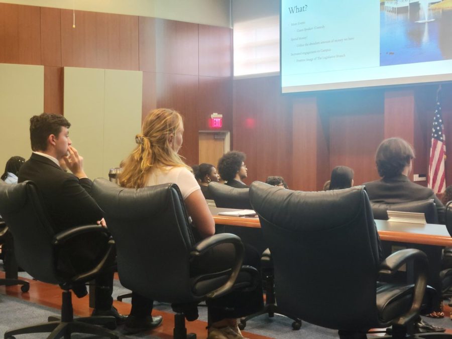 Student Body President John Grosso and Student Body Vice President Emily Sullivan listen to presentations during Senate on Friday. 