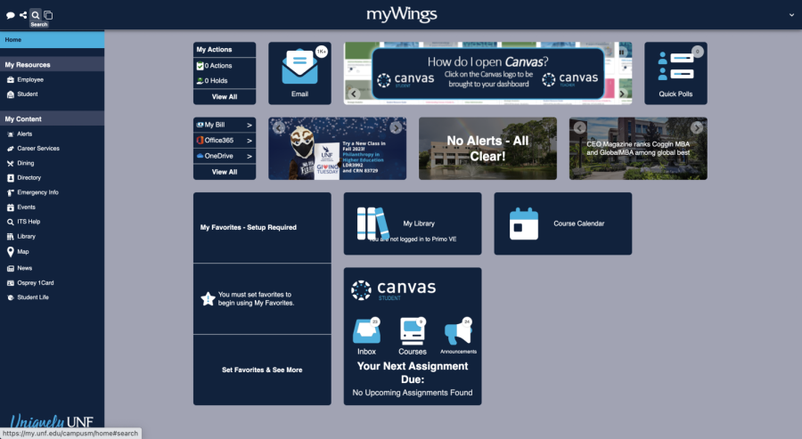 Screenshot of the new version of UNF's myWings homepage. (Mallory Pace)