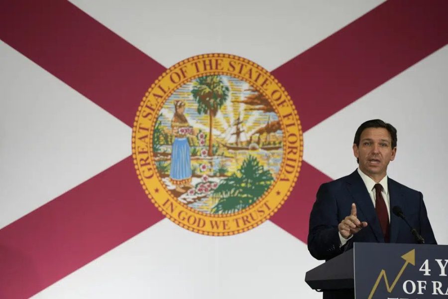 Florida Governor Ron DeSantis speaks during a press conference to sign several bills related to public education and increases in teacher pay, in Miami, Tuesday, May 9, 2023. (AP Photo/Rebecca Blackwell)