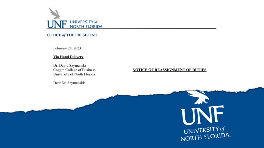 The header of President Moez Limayem’s letter to David Szymanski on Feb. 28, 2023, notifying him of his reassignment from MedNexus CEO to a tenured faculty member. Graphic created by Spinnaker.