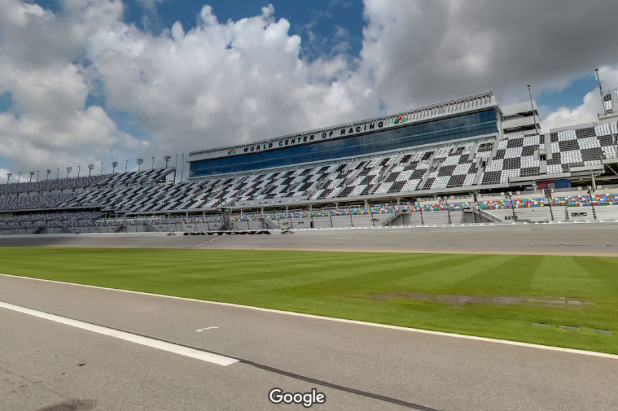 Pit road view of the Daytona International Speedway grandstand.