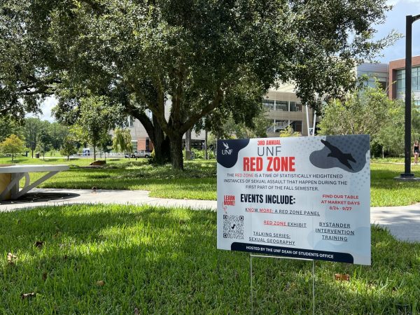 A yard sign by the Student Union advertising upcoming programming about the Red Zone at the University of North Florida. (Carter Mudgett/Spinnaker)