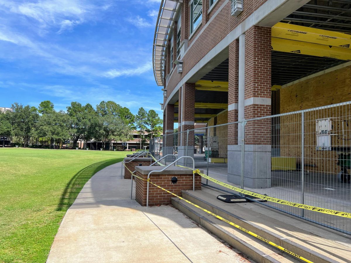 The outside of the Fine Arts Center, which began construction during the first few weeks of the fall 2023 semester, was locked down in preparation for Hurricane Idalia. Though still not complete, materials left outside were strapped down. 