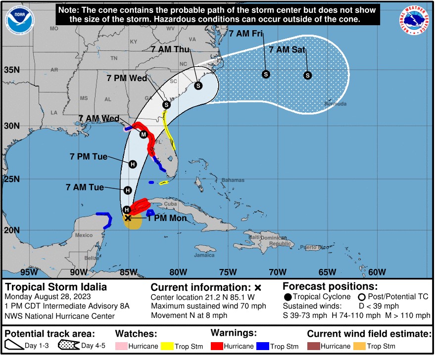 The forecast cone for Tropical Storm Idalia as of 4:30 p.m. Monday, according to the National Hurricane Center. 