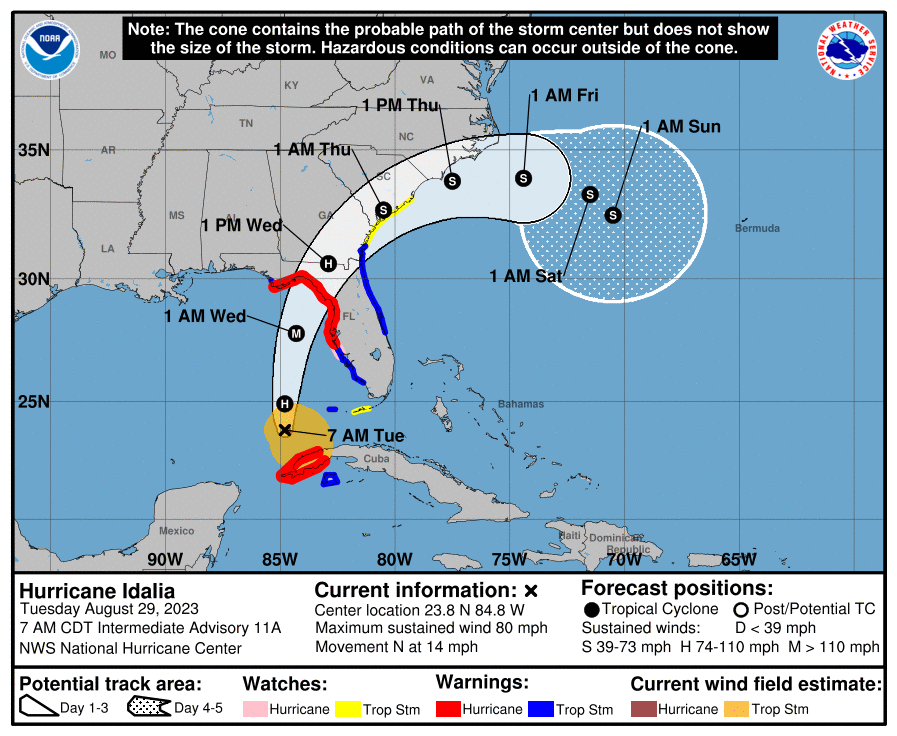 The forecast cone for Hurricane Idalia as of Tuesday morning. (Courtesy of NOAA)