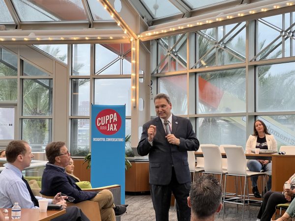 President Moez Limayem speaks to Jacksonville leaders, community members about future collaboration between the city and the university, among other topics, at a Cuppa Jax event on Wednesday, Sep. 27, 2023. 
