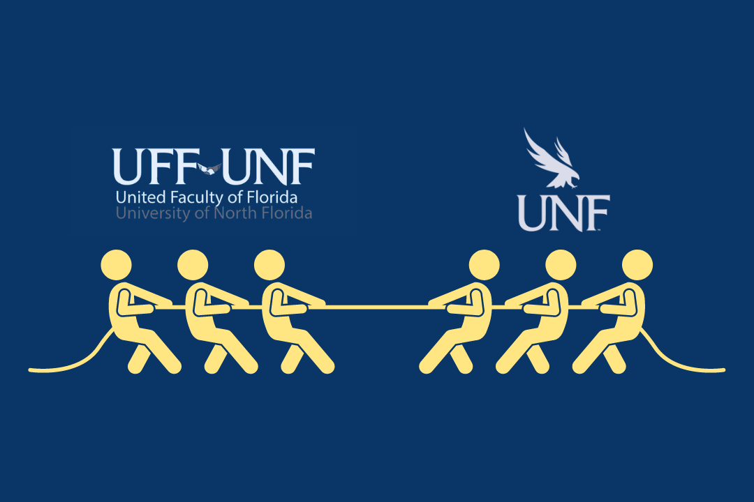 Six yellow-colored stick figures play tug-of-war. Three on the right represent the Board of Trustees, and stand beneath a UNF logo. Three on the left represent the faculty union, and stand beneath the UFF-UNF logo.