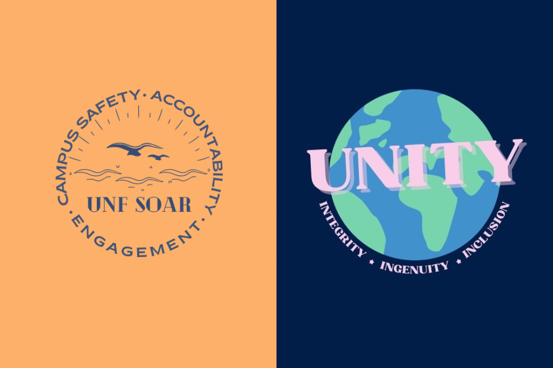 Candidates from the Soar Party (left), Unity Party (right) and two independents competed for 20 open seats in the fall 2023 Senate elections. (Graphic created by Spinnaker/logos courtesy of the Soar Party and Unity Party)