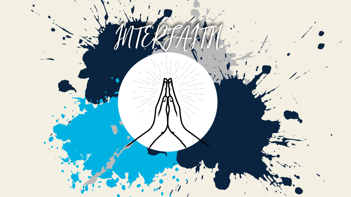 Text reads INTERFAITH on top of four ink splotches in UNFs colors of dark blue, light blue and gray. Two hands together in prayer is on a white circle on top of the ink and beneath the text