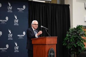 Ernesto Zedillo speaking at the Distinguished Voices Lecture on Tuesday night (Photo courtesy of the World Affairs Council)