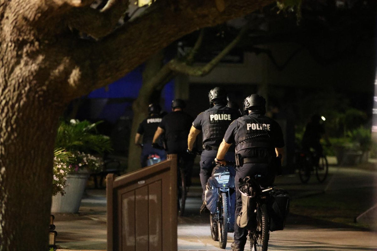 Police officers on bikes rode around the Green. 