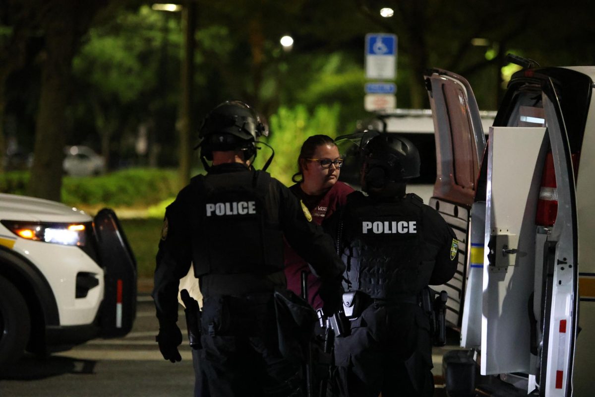 A protester is moved into a police vehicle. 