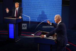 President Donald Trump and Democratic presidential candidate former Vice President Joe Biden exchange points during their first presidential debate Tuesday, Sept. 29, 2020, at Case Western University and Cleveland Clinic, in Cleveland, Ohio. (AP Photo/Morry Gash, Pool)