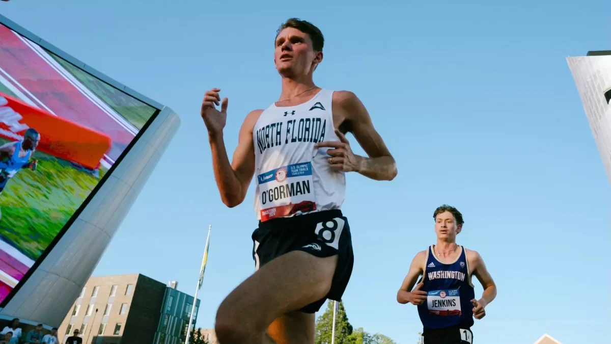 Aidan O’Gorman races in the men’s 10,000m final race at Hayward Field in Eugene, Oregon, for the 2024 U.S. Olympic Team Trials. (Photo courtesy of UNF Athletics)
