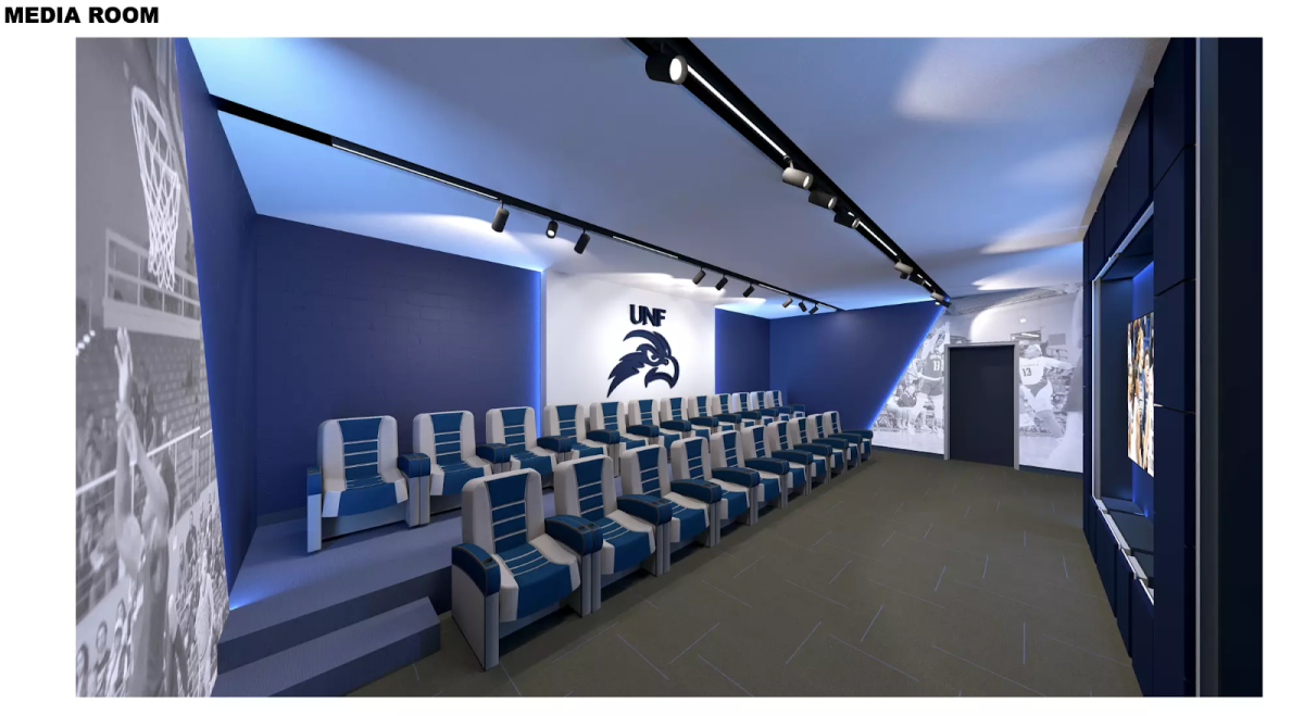 A rendering of the proposed film room inside UNF Arena.