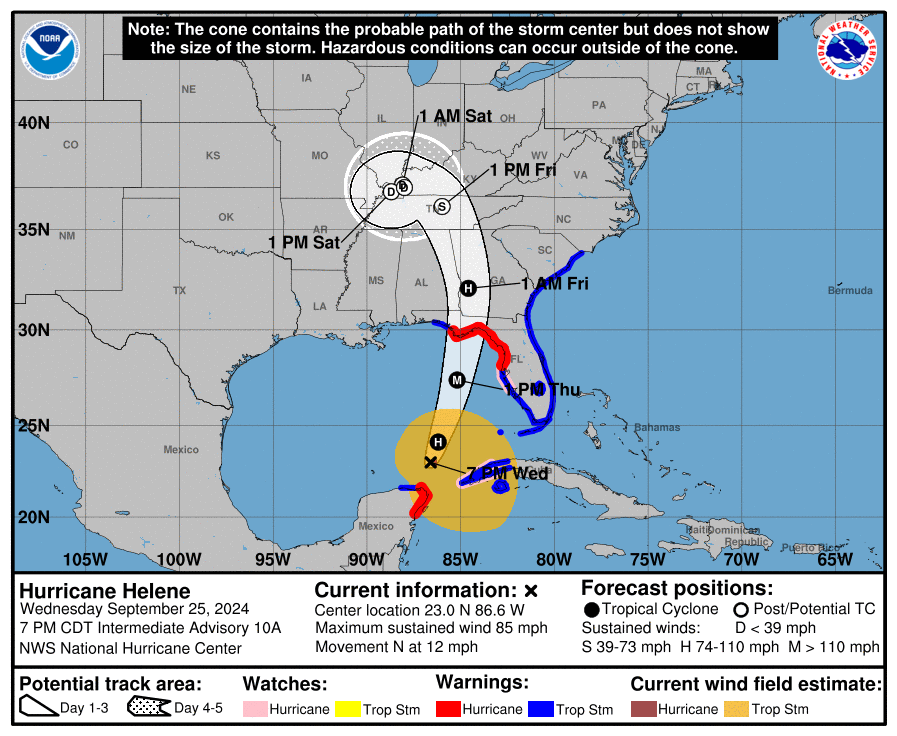 Hurricane Helene cone map as of 7 p.m. Wednesday