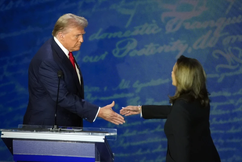 Image
Republican presidential nominee former President Donald Trump shakes hands with Democratic presidential nominee Vice President Kamala Harris during an ABC News presidential debate at the National Constitution Center, Tuesday, Sept. 10, 2024, in Philadelphia.