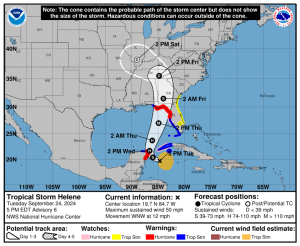 National Weather Service cone map of Tropical Storm Helene as of 5 p.m. Tuesday, Sept. 24. (NOAA, NWS)